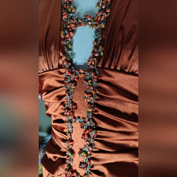 Free Sterling W/ Purch Jessica McClintock Gown Dress Burnt Rust Orange Beading 8 - Picture 6 of 13